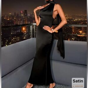 Black Satin Asymmetrical Cocktail Dress with Draped Scarf
